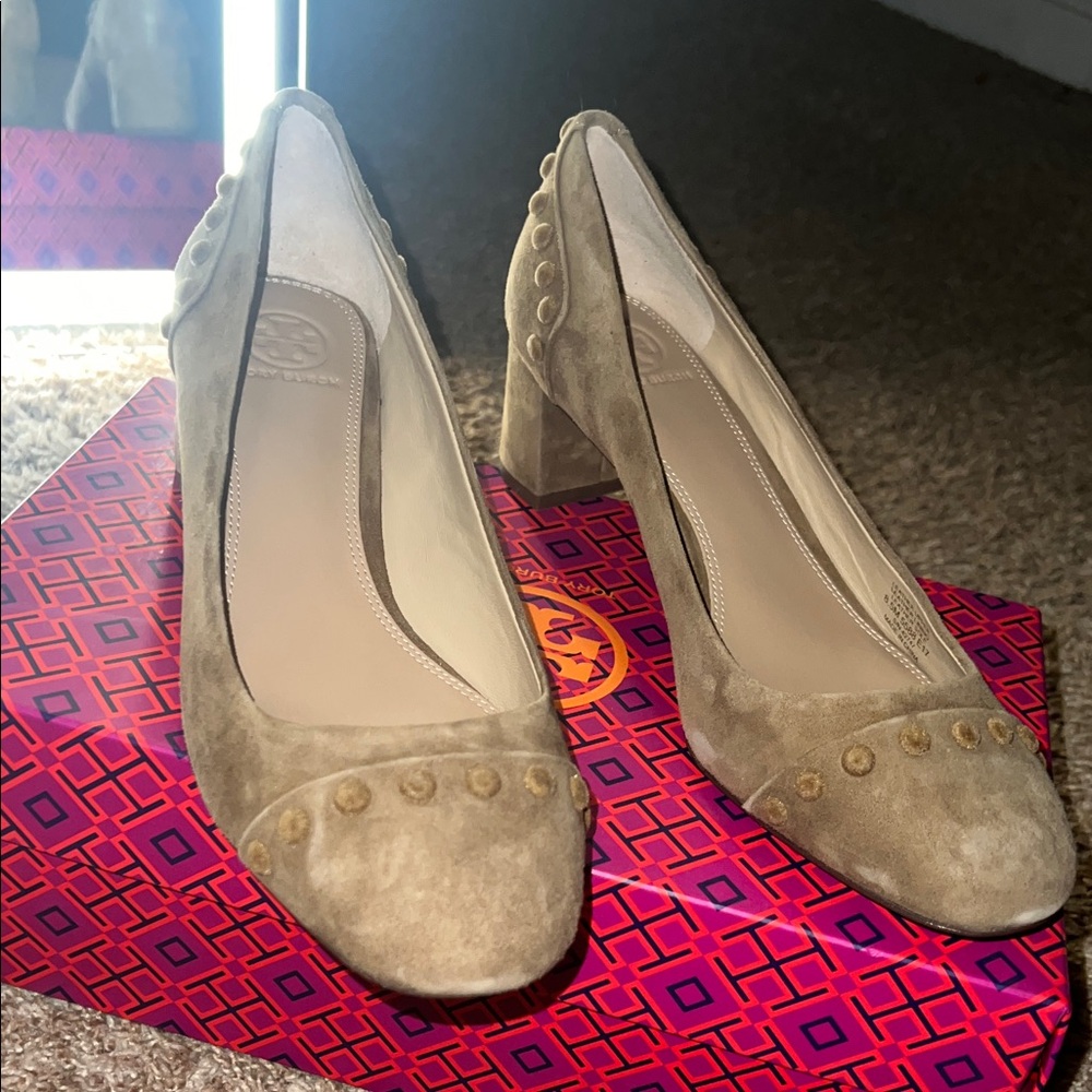 Tory Burch Taupe Suede Stud Block Heel Pumps